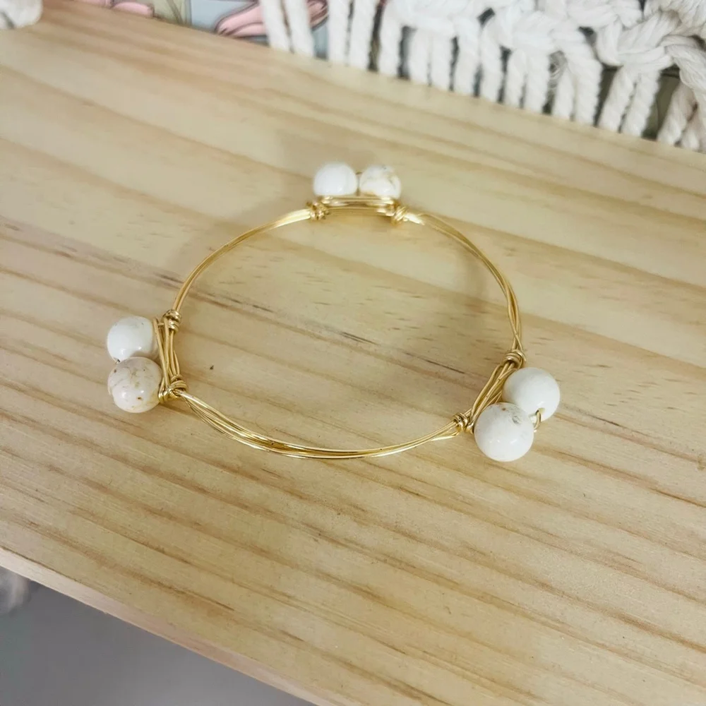 Gold Tone Beaded Bangle Bracelet‎ | White Stone Wire Wrap| Stackable Boho